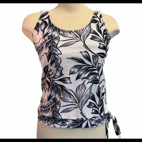 Black white tropical leaf tankini swimwear top SzL - Picture 3 of 9